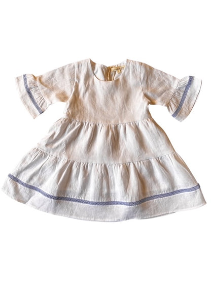 Hazel Linen Dress in White with Blue Lace