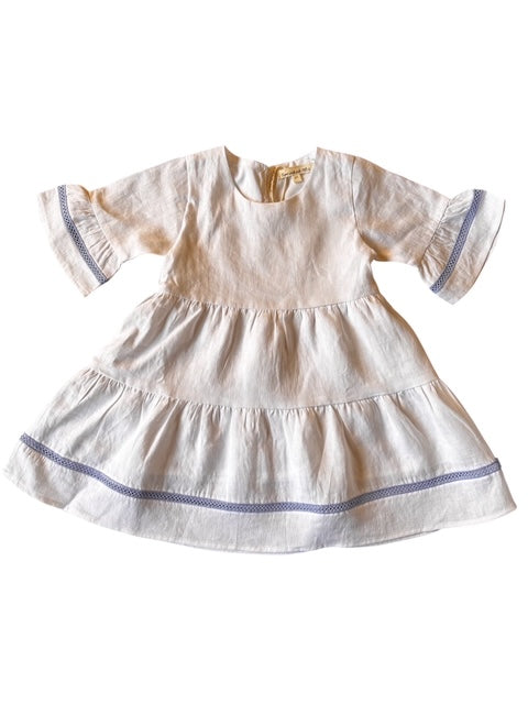 Hazel Linen Dress in White with Blue Lace