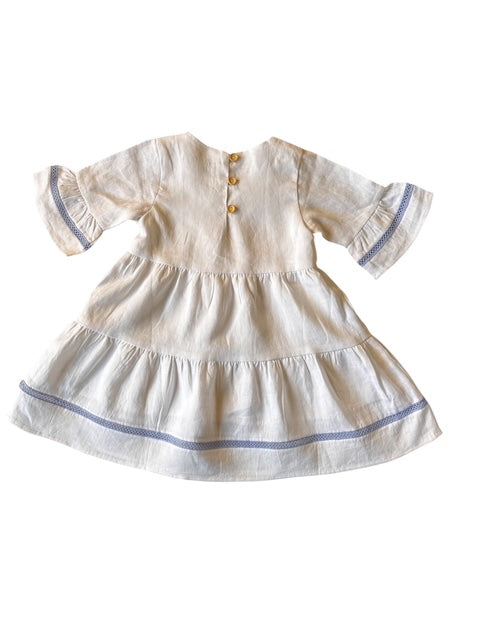 Hazel Linen Dress in White with Blue Lace