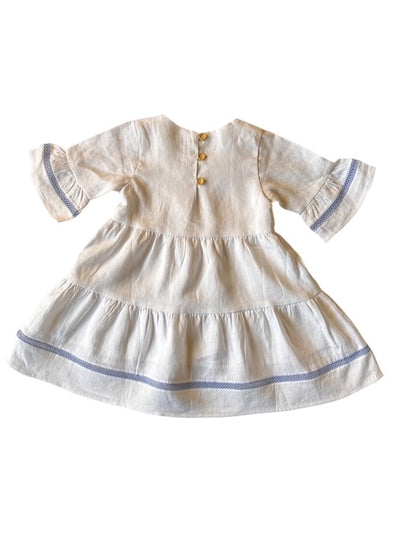 Hazel Linen Dress in White with Blue Lace